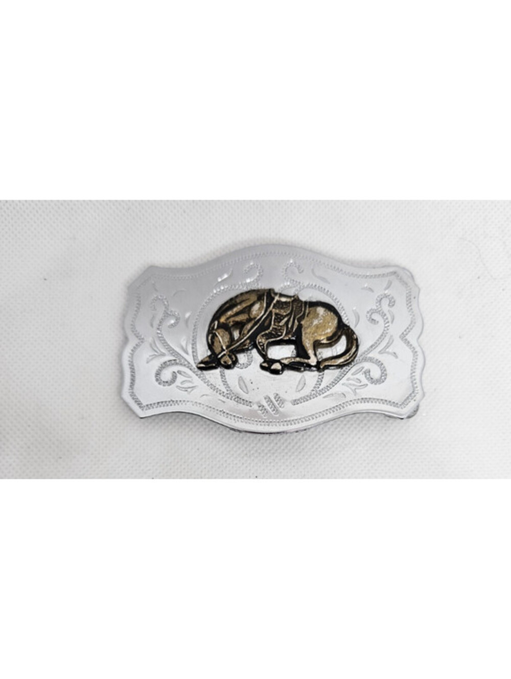 Western Saddled Horse Belt Buckle Silver Gold Tone Engraved Scroll Design